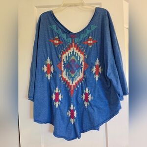 Johnny Was XS Women's Blue Poncho Aztec tribal embroidered top